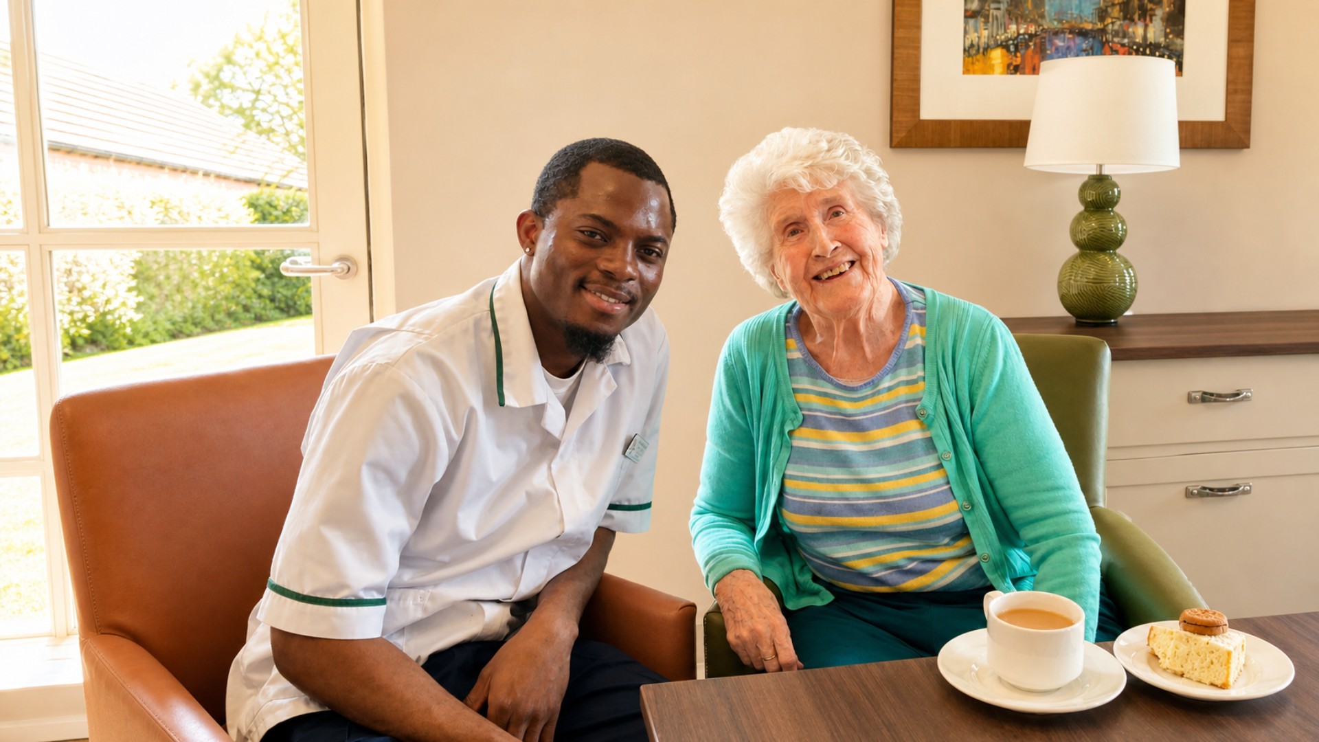 A Meallmore carer sharing tea and cake with a resident